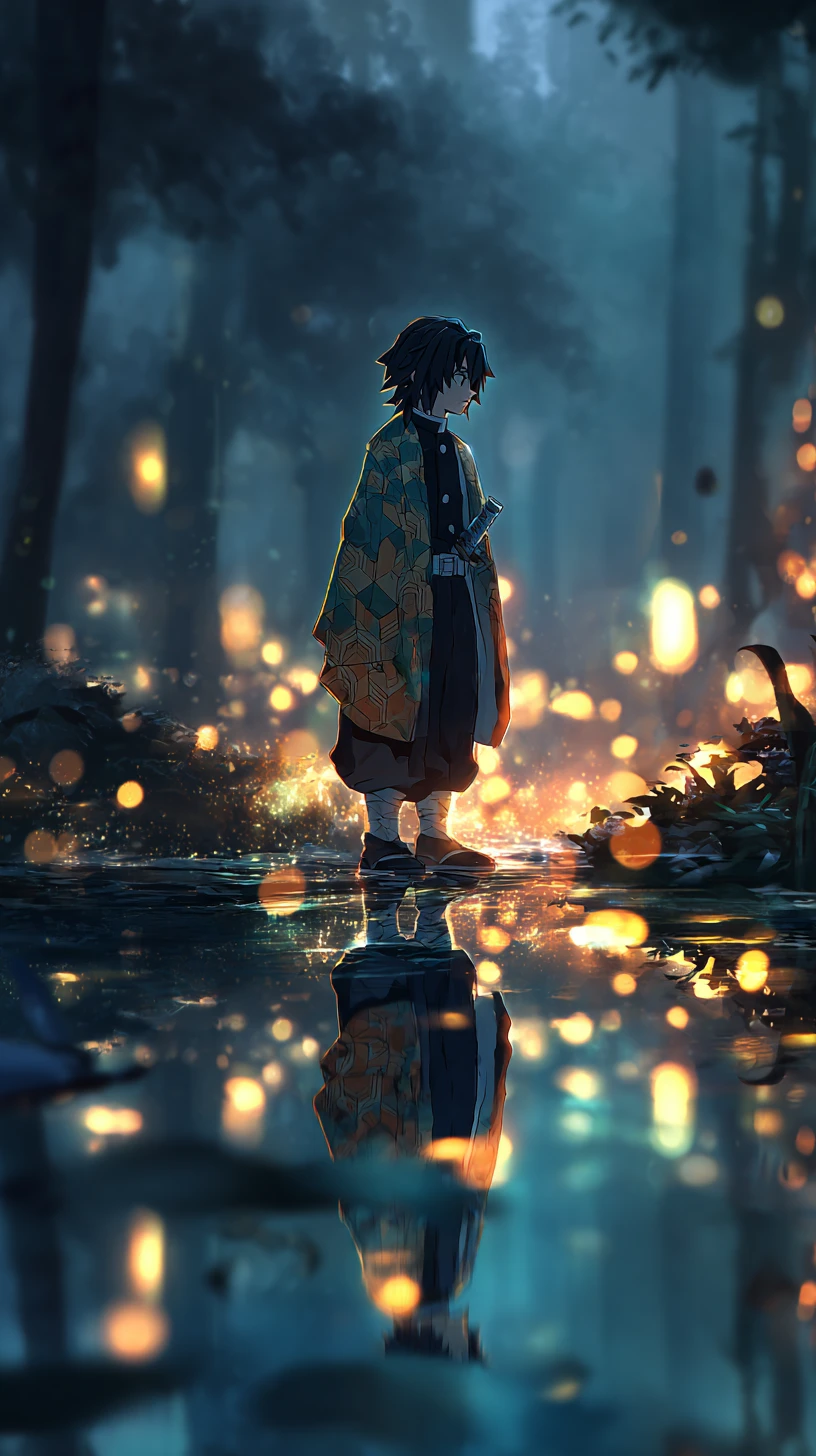 Anime-Junge im Haori, gespiegelt im mondbeschienenen Waldboden
