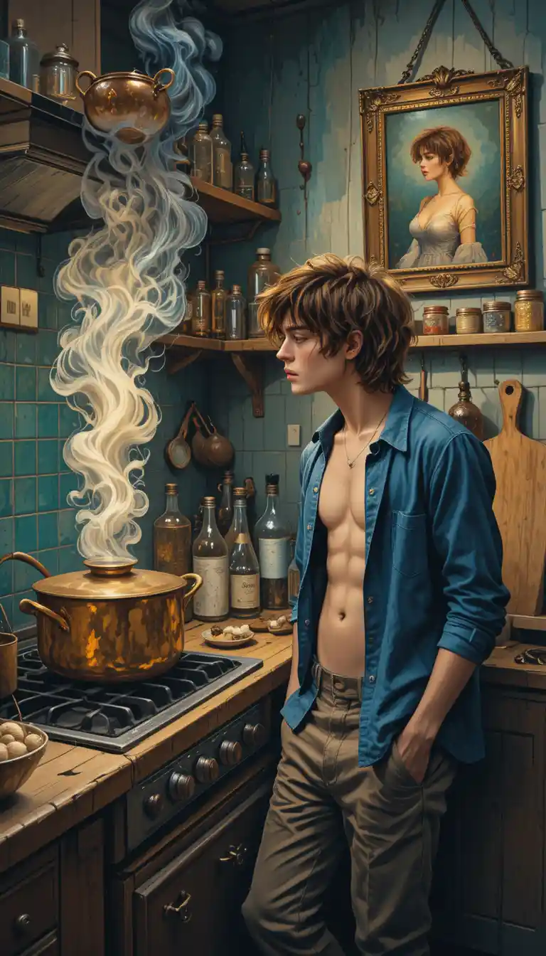 Young man smoking in a rustic bohemian kitchen