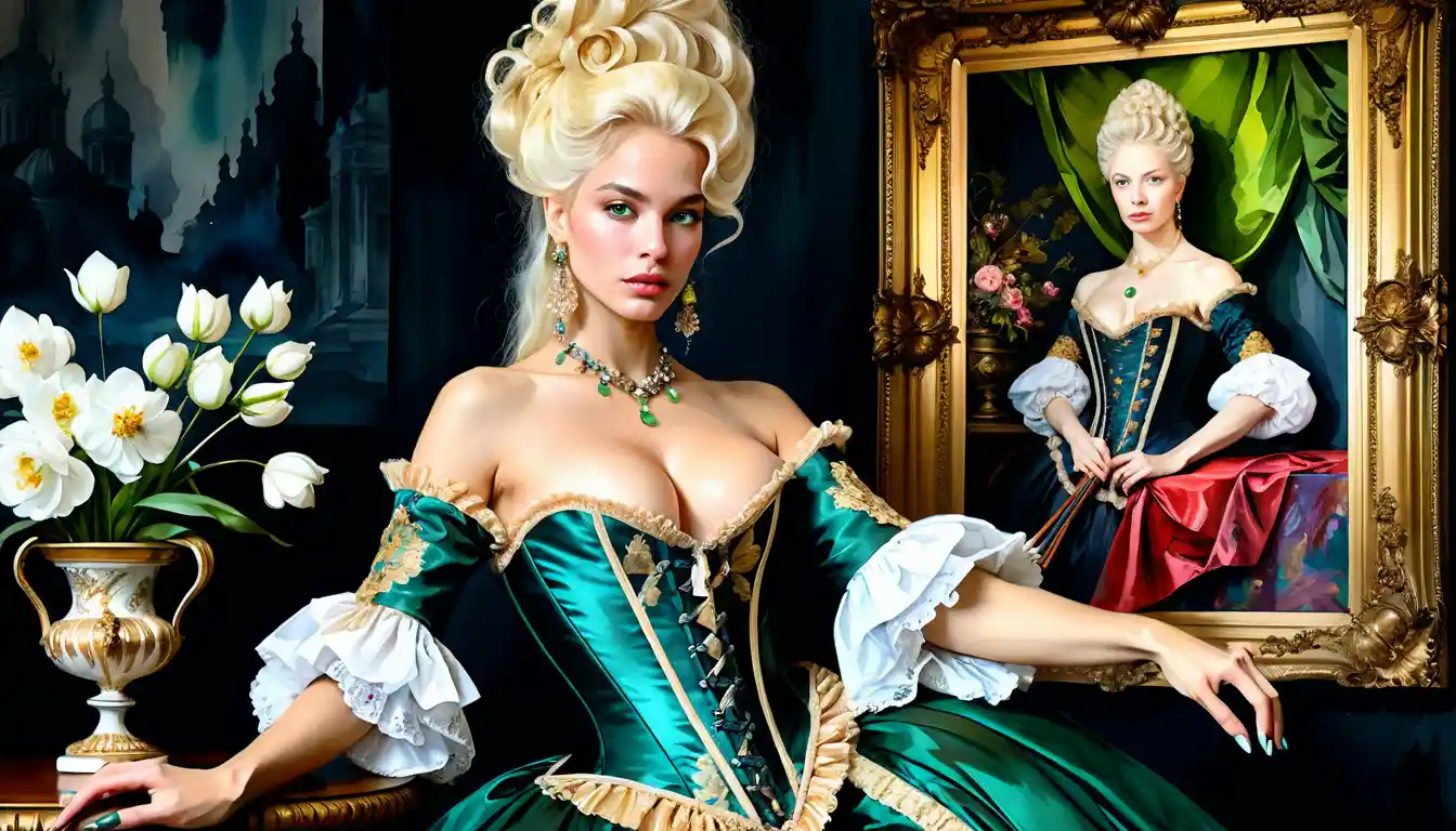 Sensual noble woman painting in dark baroque chamber