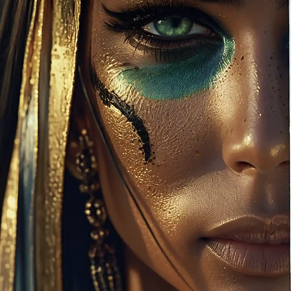 Macro portrait of an ancient egyptian priestess with green eye