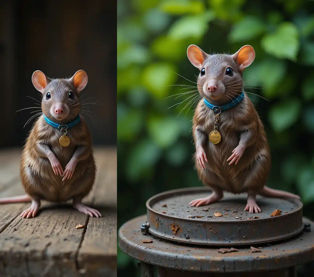 Calm brown rat with blue collar on rustic wooden surface