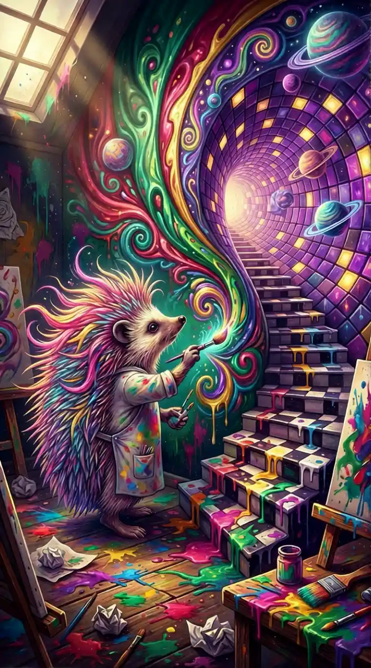 Psychedelic hedgehog painting a wild cosmic mural
