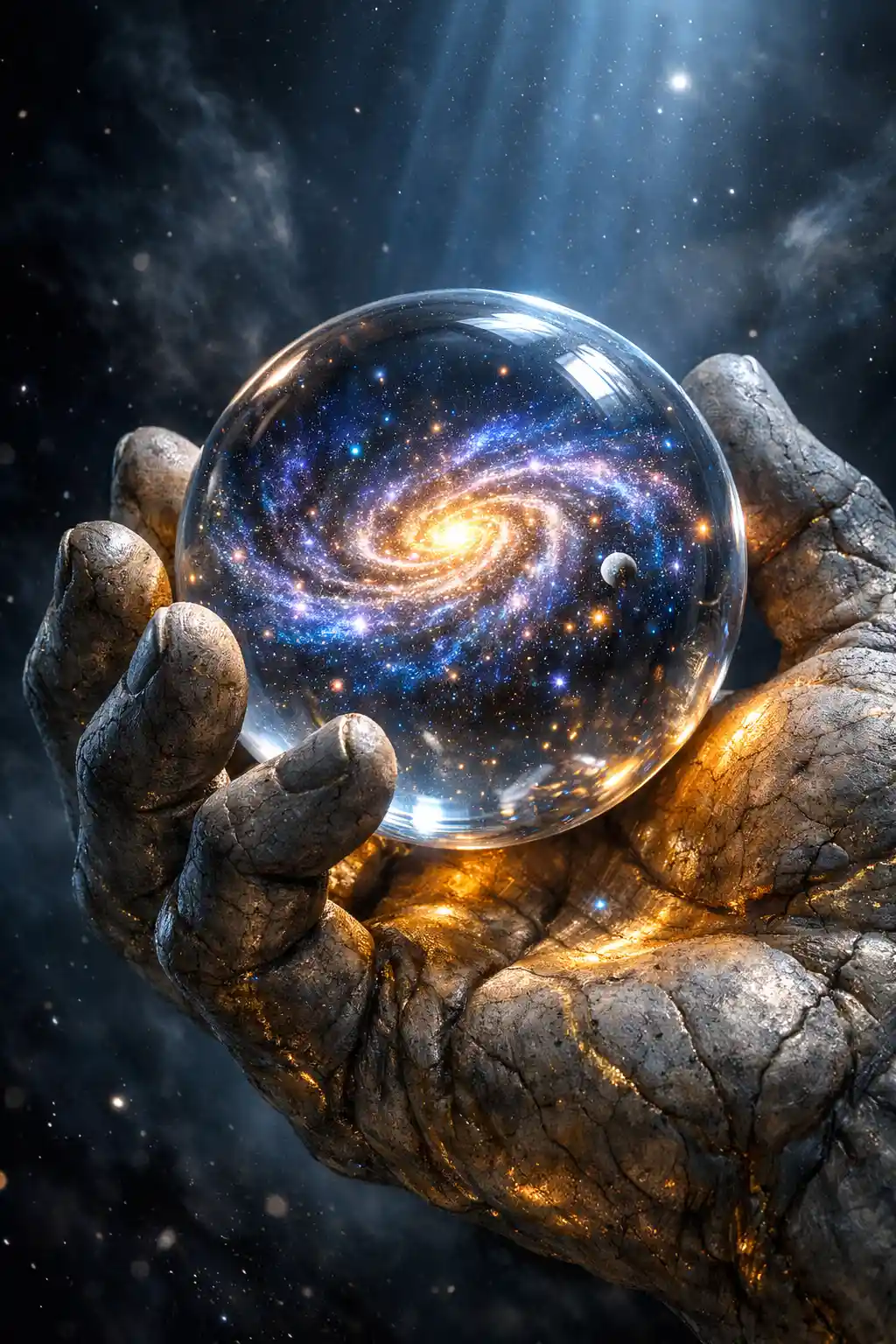 Mano divina di pietra che regge una sfera di vetro con galassia luminosa