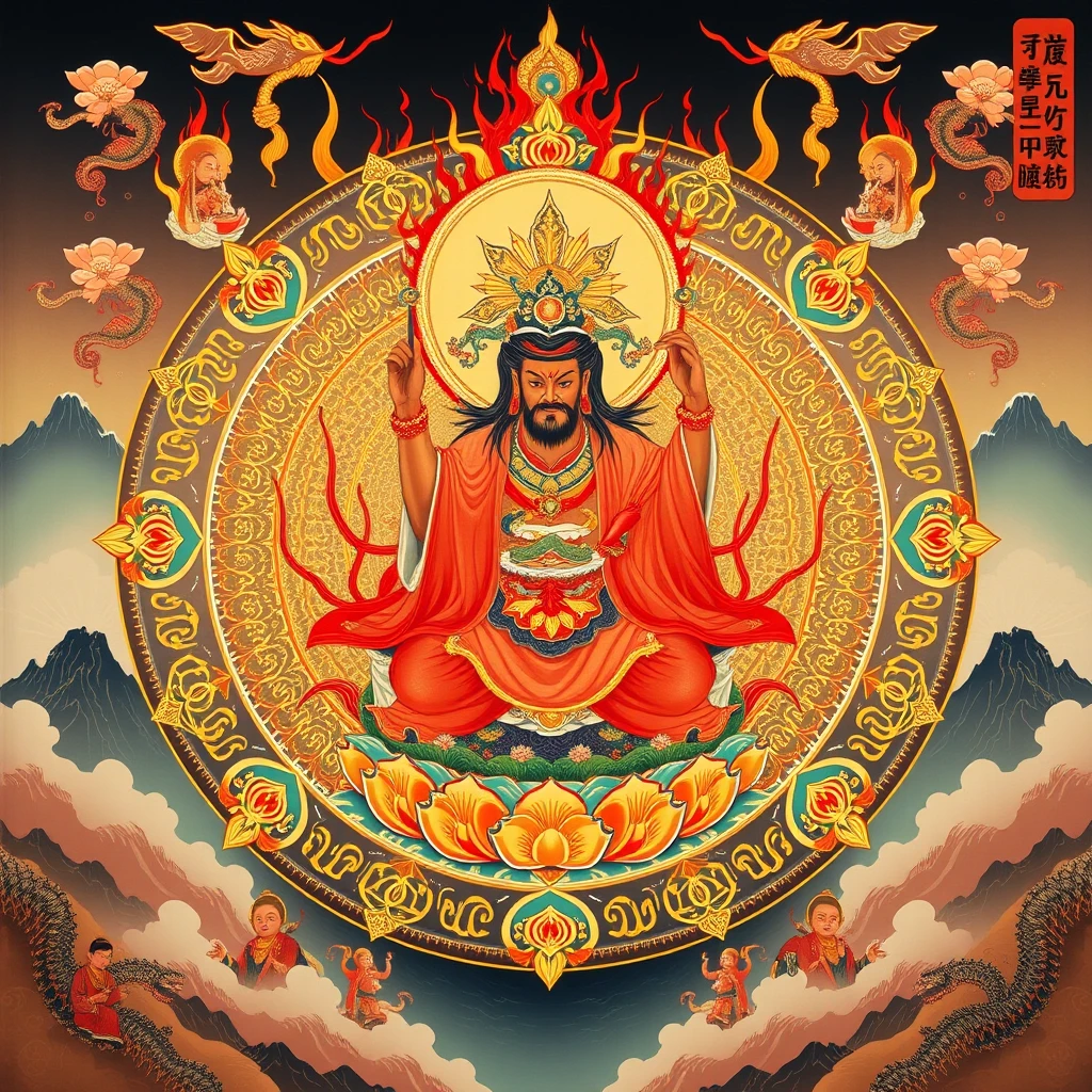 Mandala de divindade budista esotérica com halo em chamas e lótus