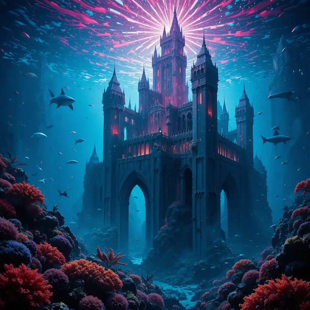 Submerged gothic ruins with sharks in a glowing sea