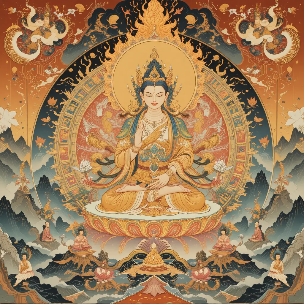 Deidade budista esotérica em um mandala dourado no estilo Yamato-e