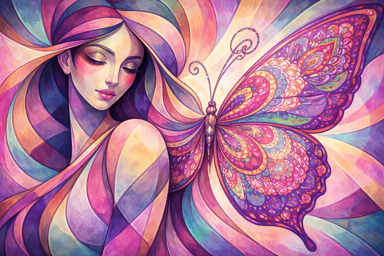 Cubist woman with butterfly and mandala patterned wings