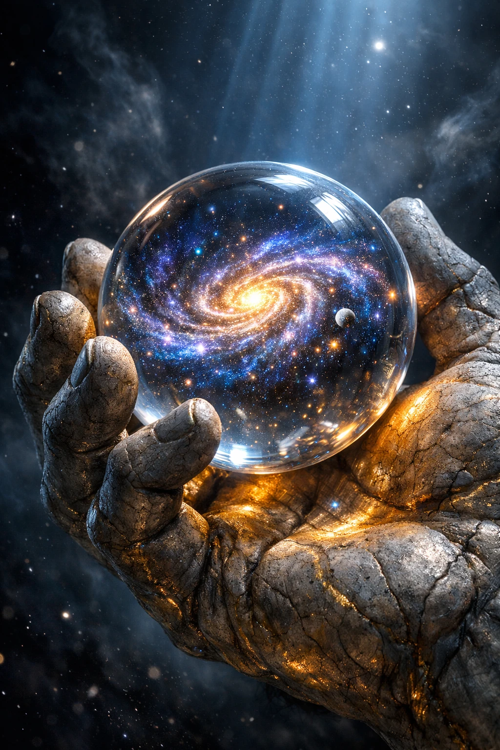 Mano divina di pietra che regge una sfera di vetro con galassia luminosa