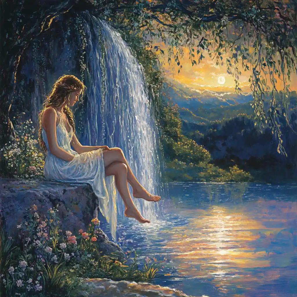 Mujer descansando sobre una roca a la orilla del río frente a una cascada al atardecer