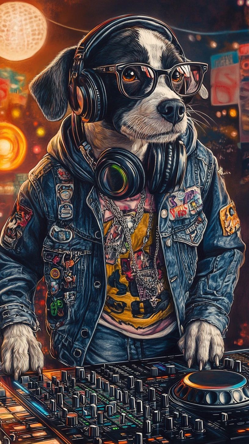 Perro DJ genial con auriculares en una vibrante escena de discoteca