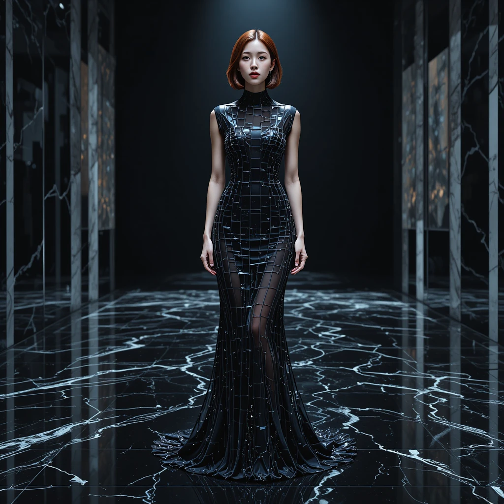 Korean woman in binary glass shutter gown on black marble