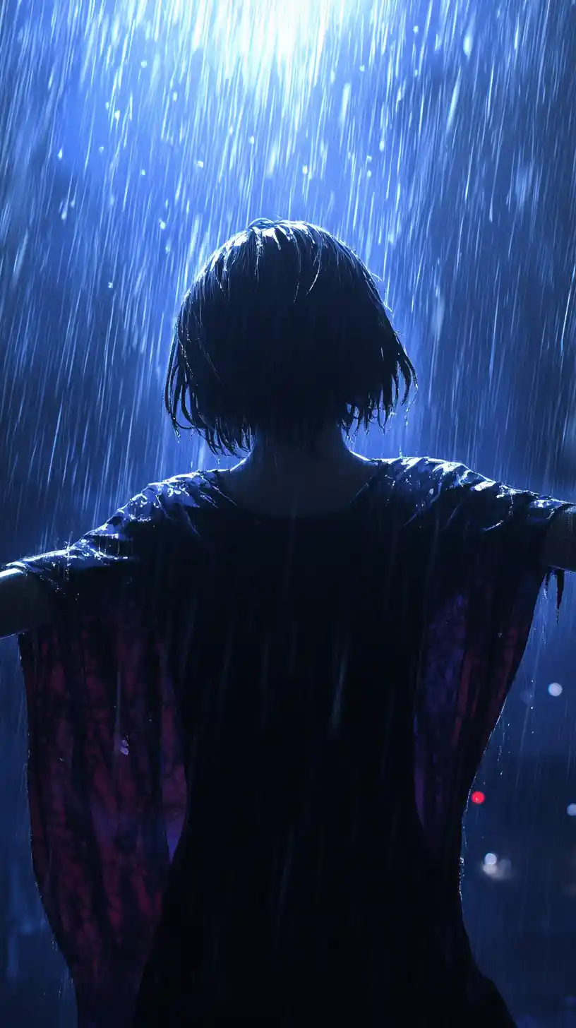 Anime girl embracing the rain under a glowing halo light
