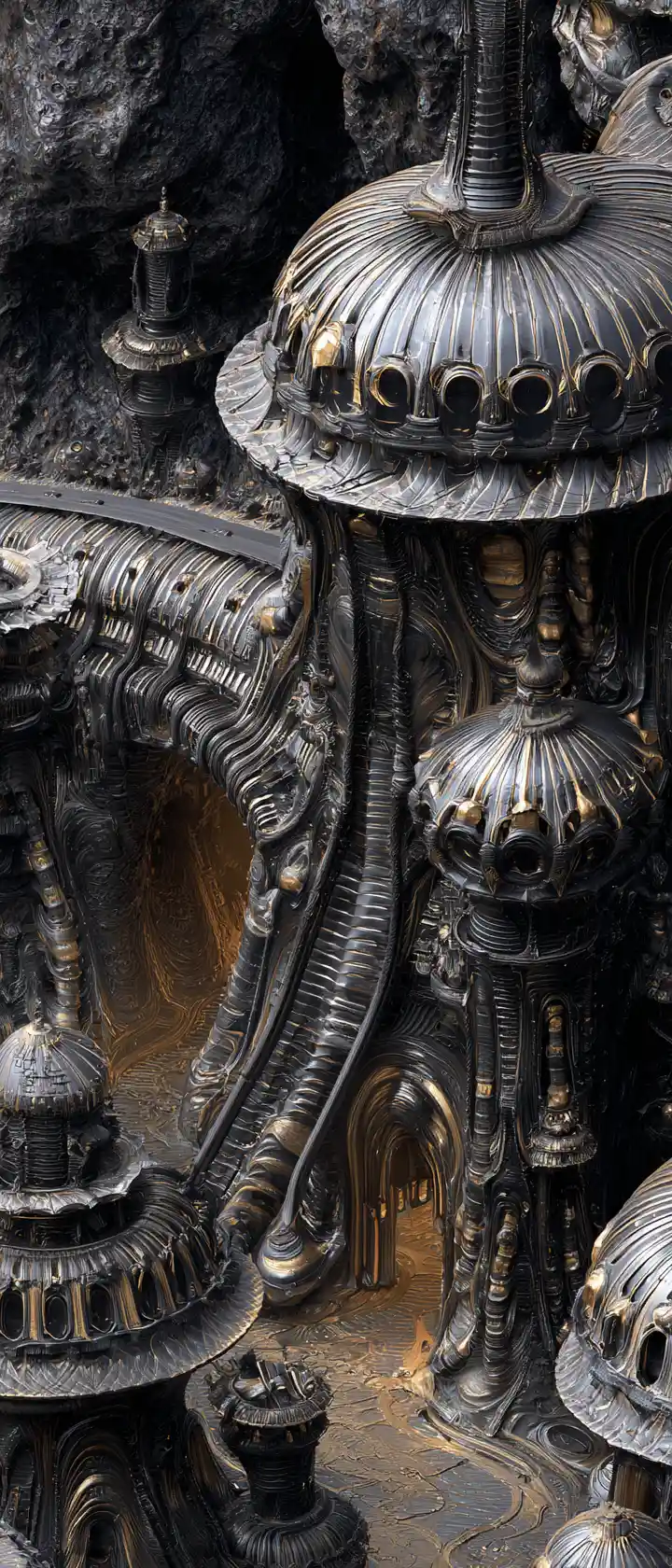 Fantastico villaggio steampunk nato da oscuro metallo biomorfico
