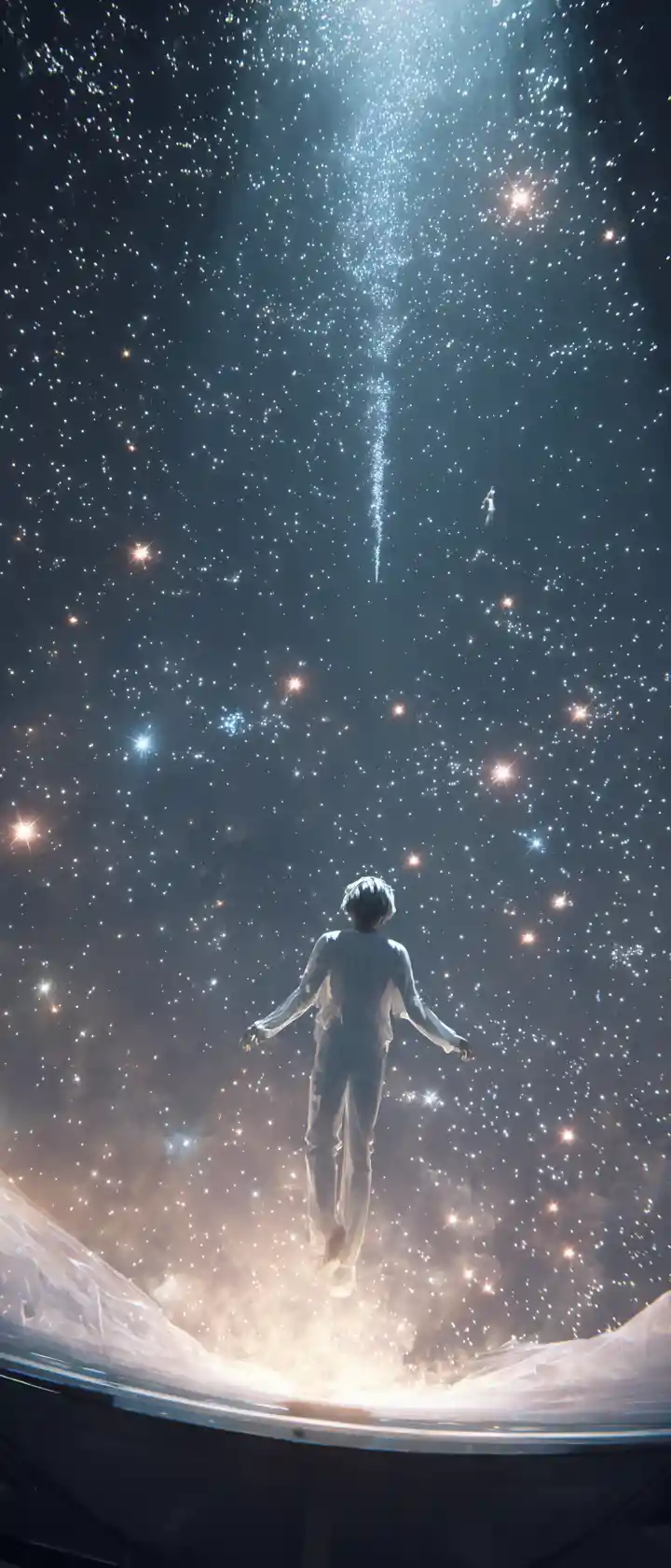 Young man floating in a star lit planetarium dome