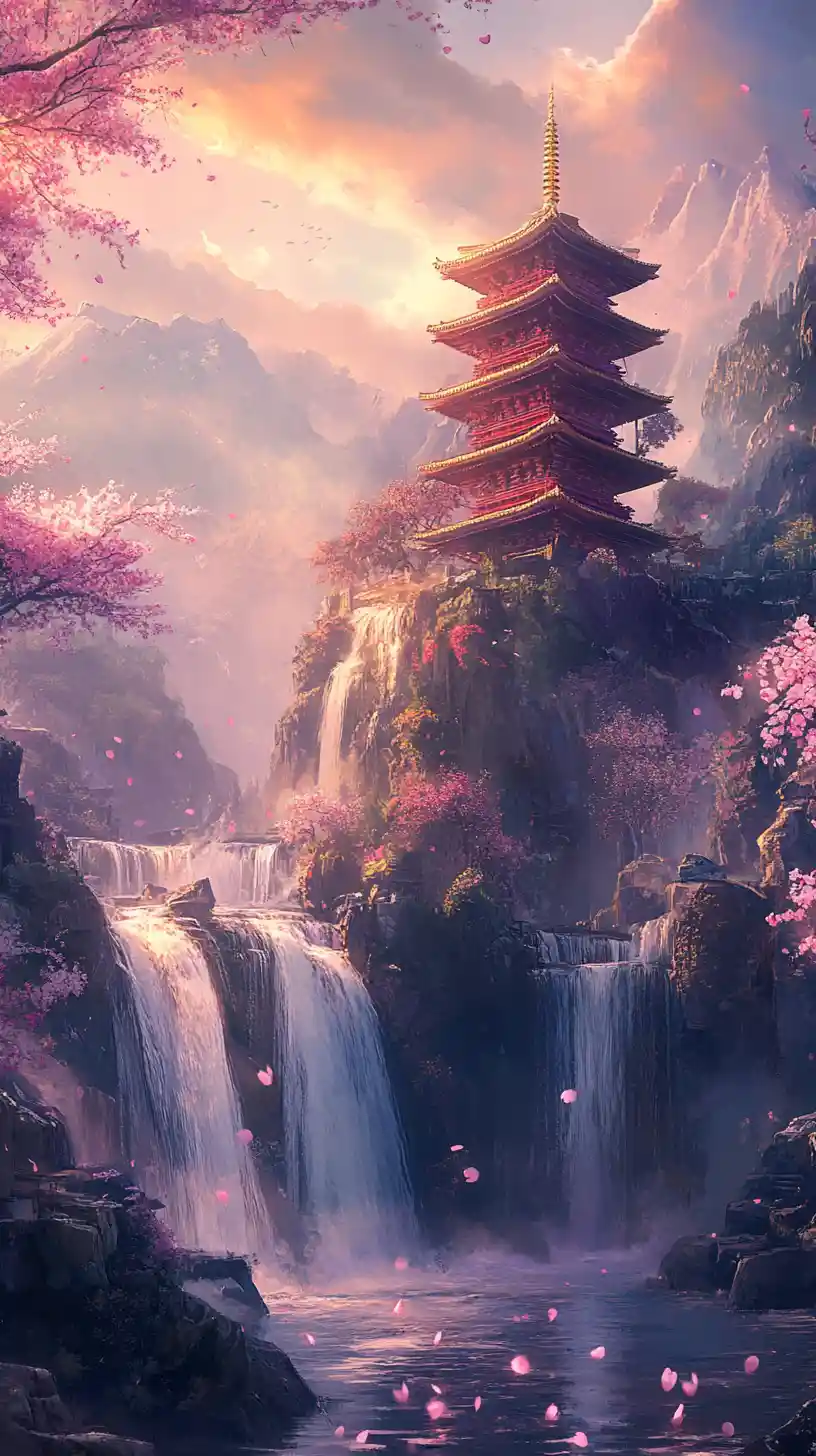 Japanese scroll with pagoda waterfalls and cherry blossoms