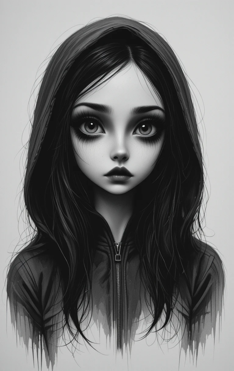 Monochrome portrait of a mysterious girl with dark doll like eyes