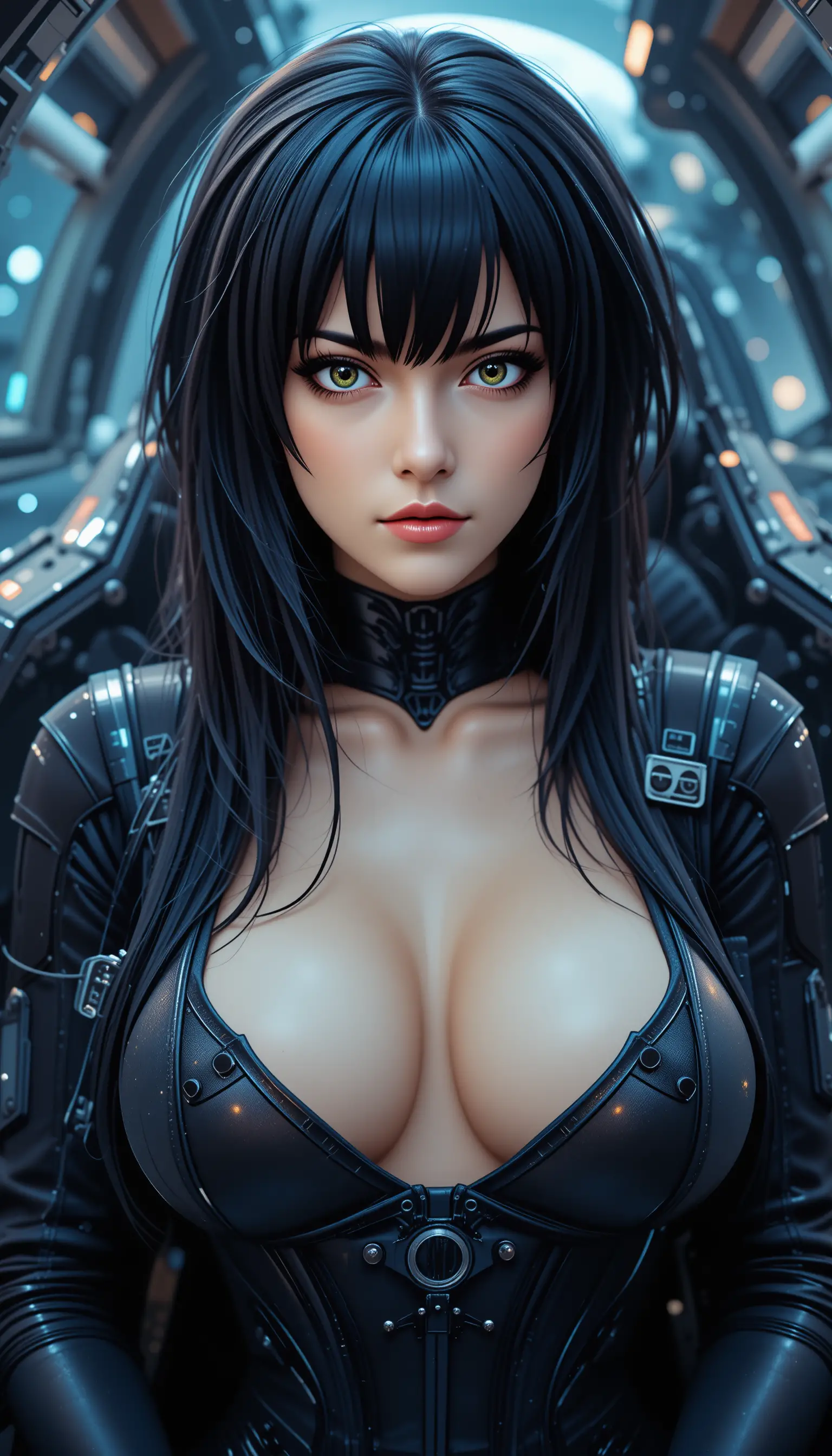 Seductive android pilot seated in a starfighter cockpit