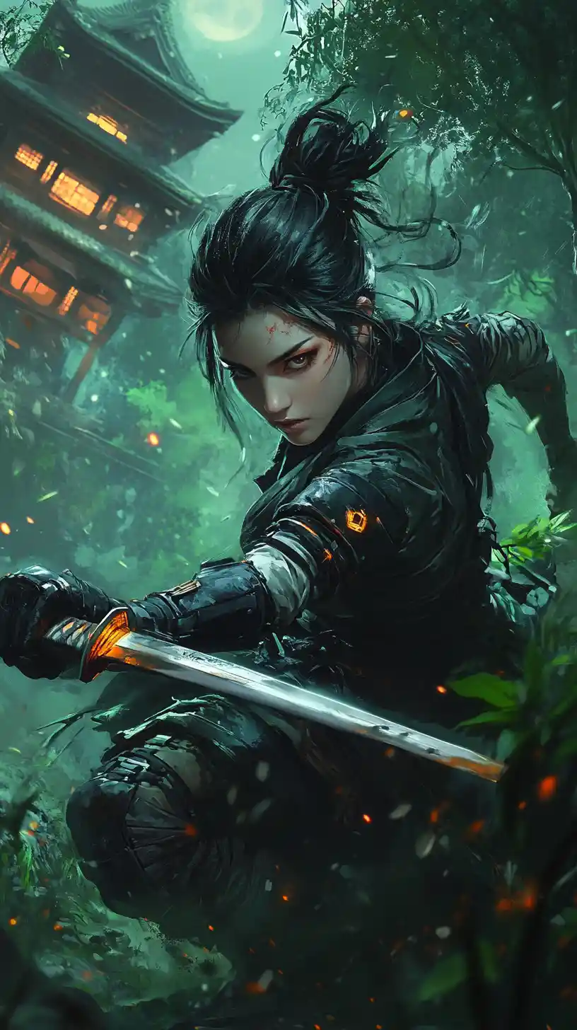 Guerriera anime con katana in una giungla al neon