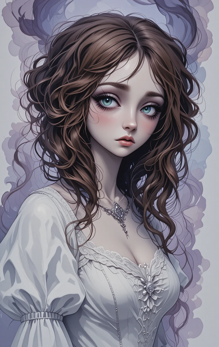 Retrato andrógino melancólico con vestido victoriano blanco pálido