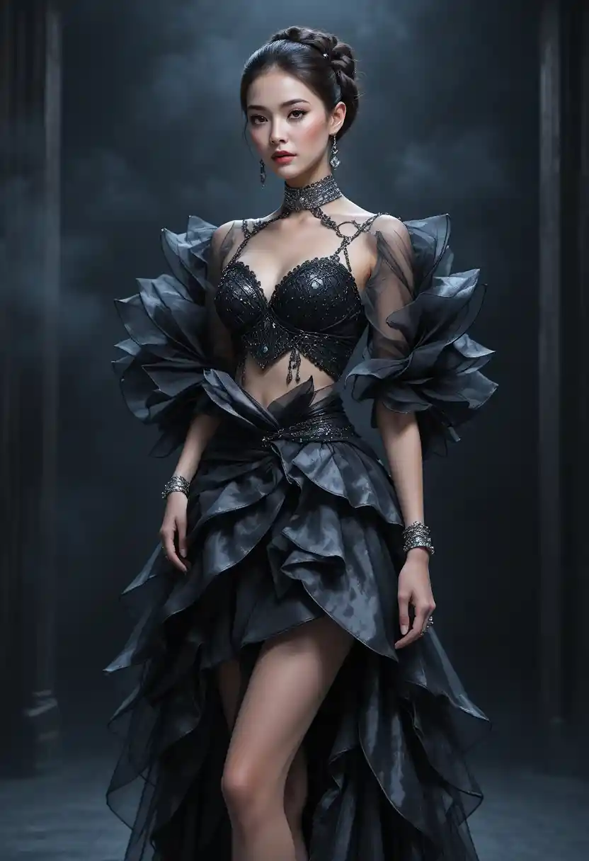High-Fashion-Frau in skulpturalem schwarzem Couture-Kleid