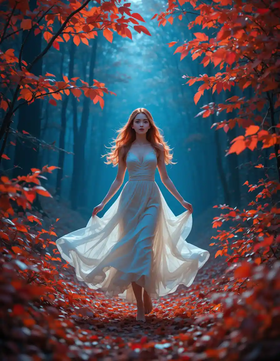 Ragazza in piedi in una foresta autunnale nebbiosa con luce soffusa