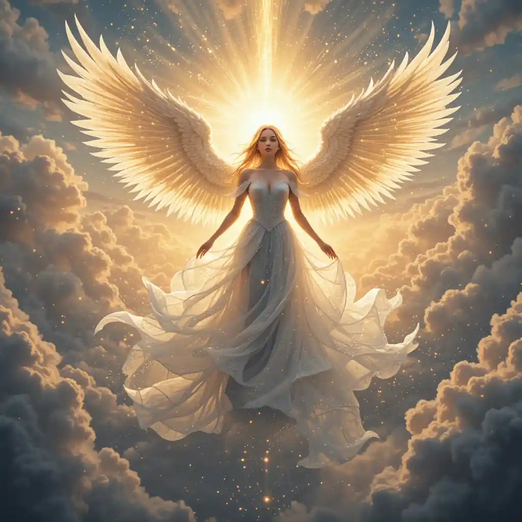 Femme ange descendant à travers des nuages dorés au coucher du soleil