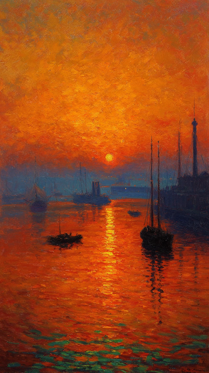 Impressionistischer Sonnenaufgang über einem ruhigen Hafen mit Bootssilhouetten