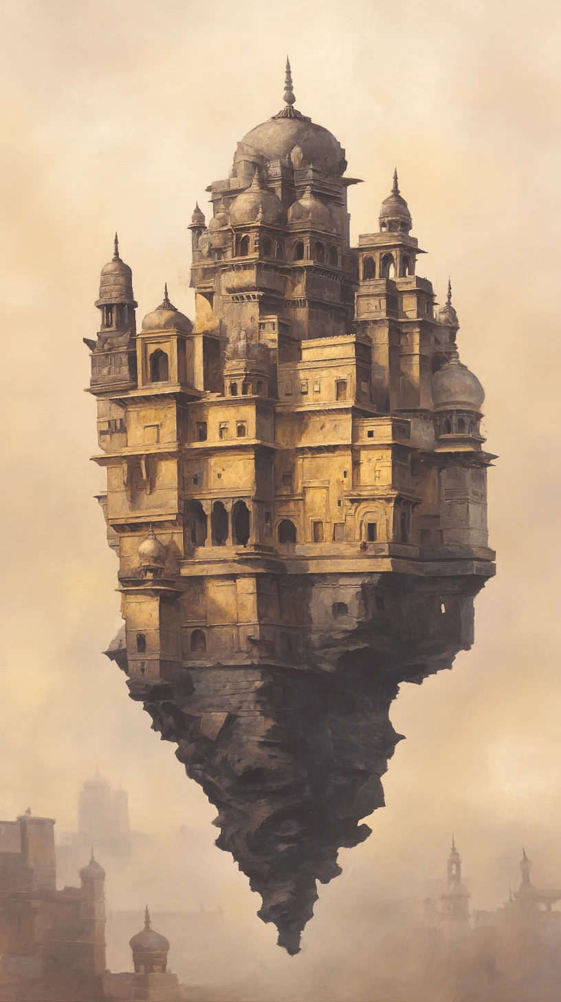 Vast floating oriental city drifting high in the sky