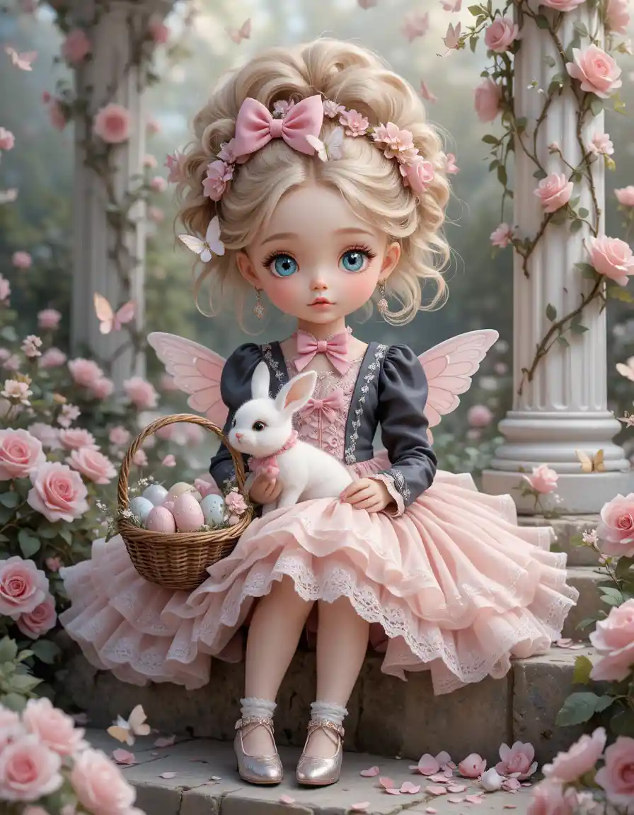 Deliziosa Ragazza di Pasqua con Coniglietto in un Giardino di Rose Incantato