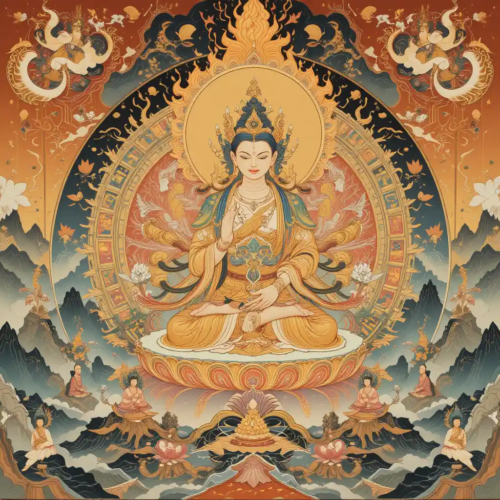 Divinità buddista esoterica in un mandala dorato in stile Yamato-e