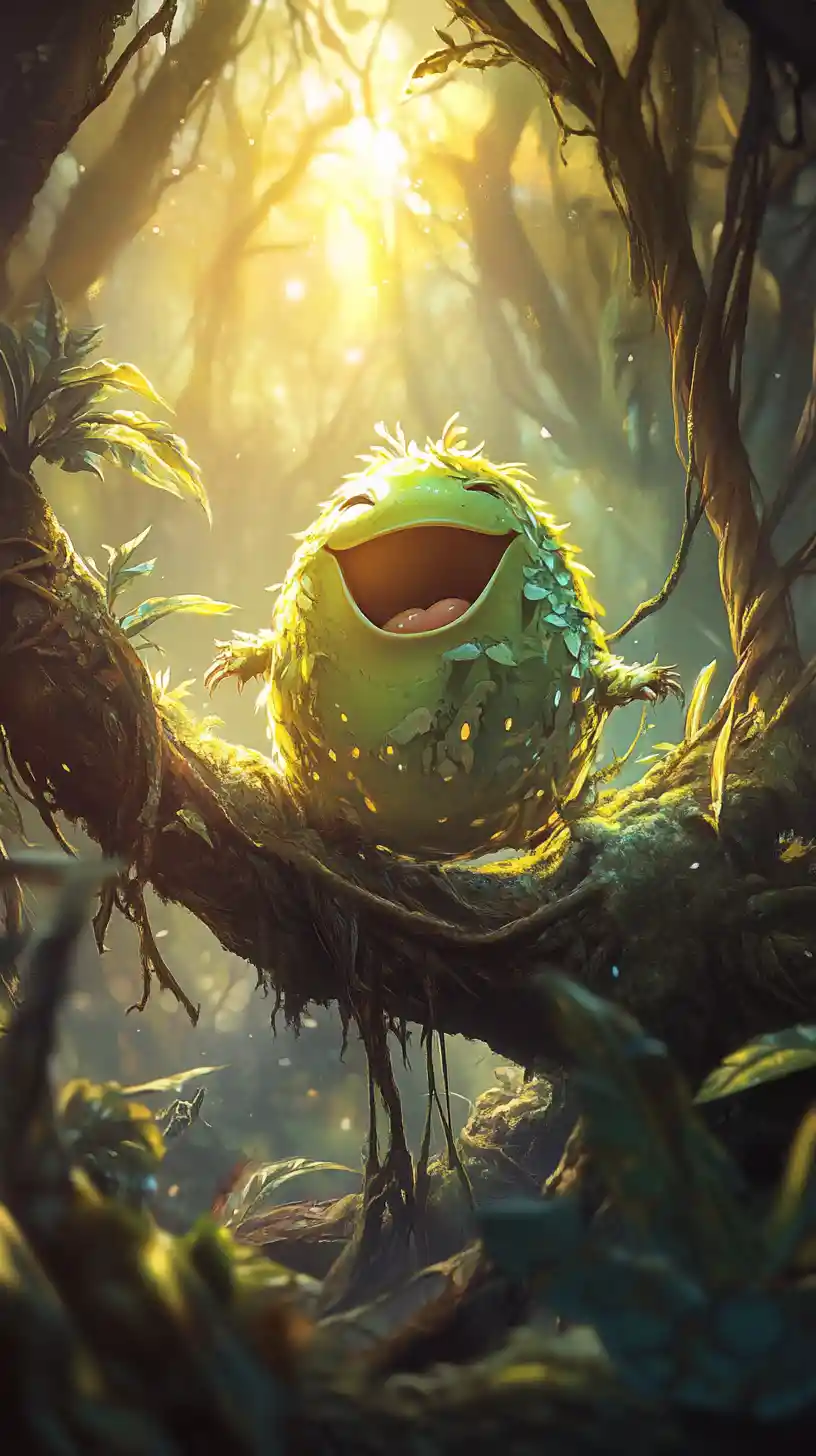 Laughing Easter Egg On Branch In Glowing Fantasy Forest