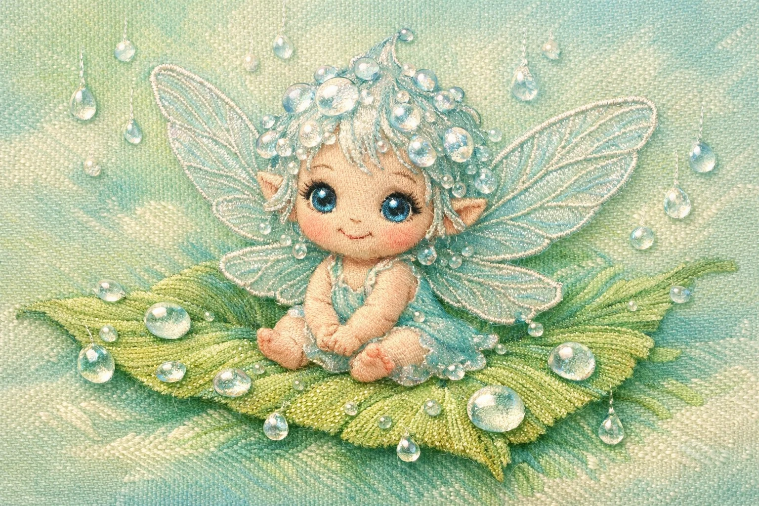 Whimsical baby fairy sitting on a dewy embroidered leaf