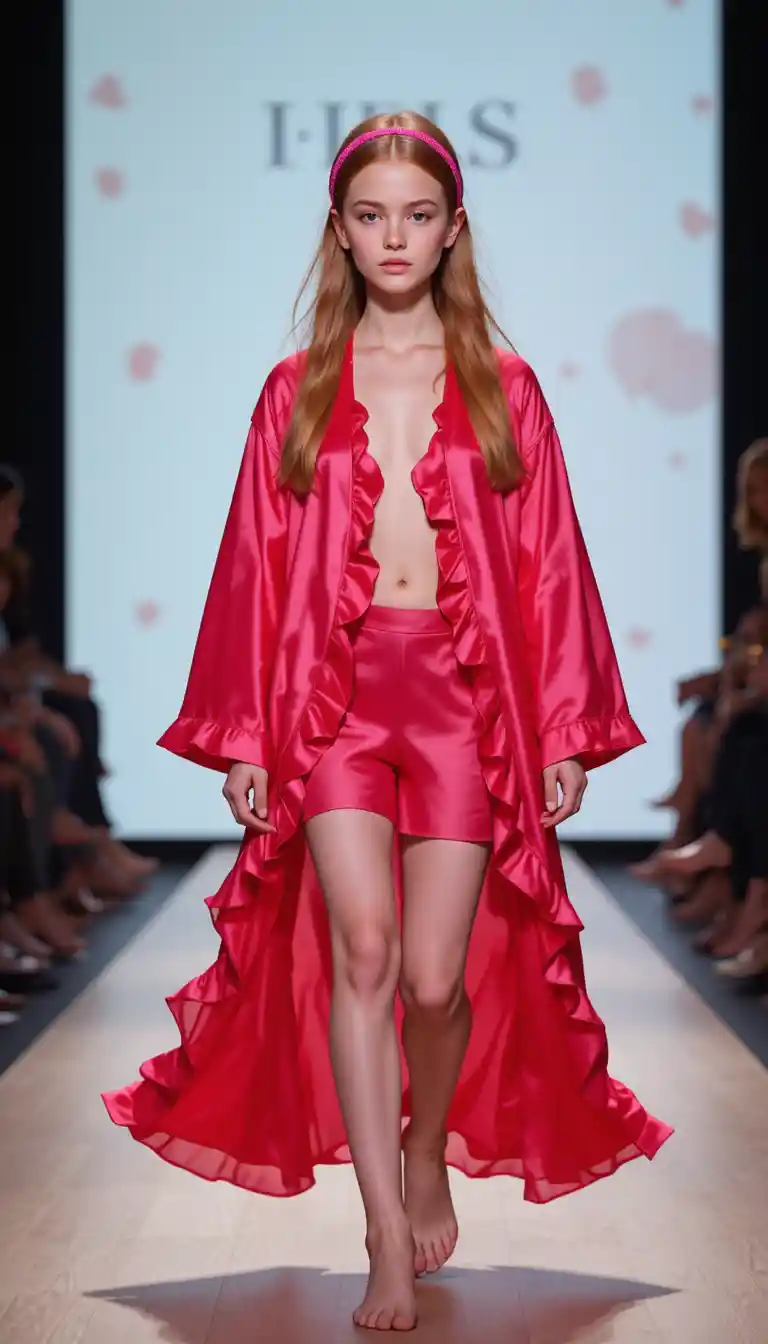 Young girl in neon red robe on kids fashion runway