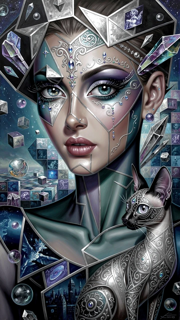 Abstract cubist portrait of a woman with intense expressive eyes