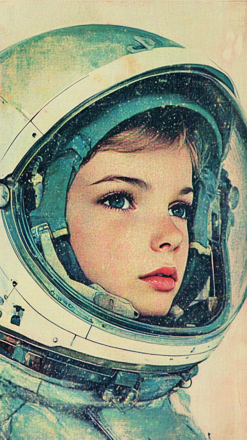 Casco de astronauta puntillista con una niña pequeña dentro del visor