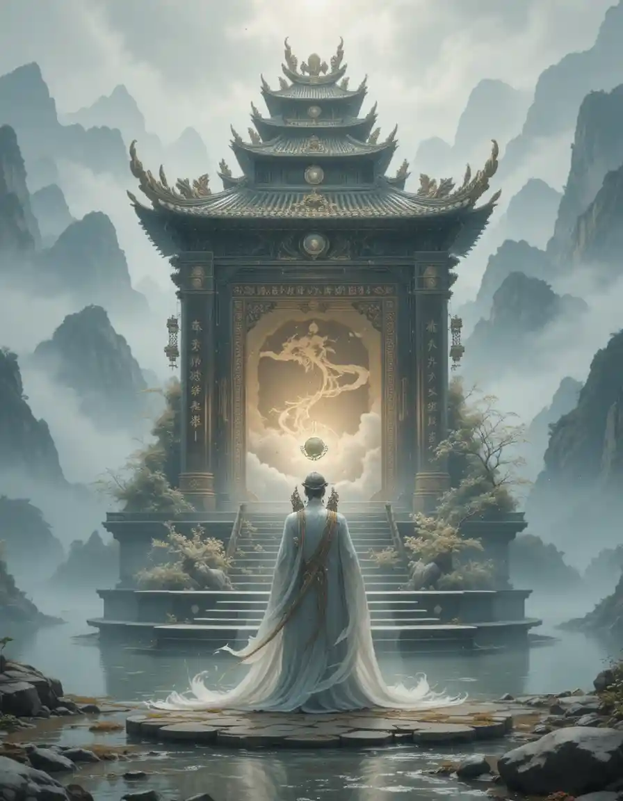 Man before pearl altar in misty Chinese mountain landscape