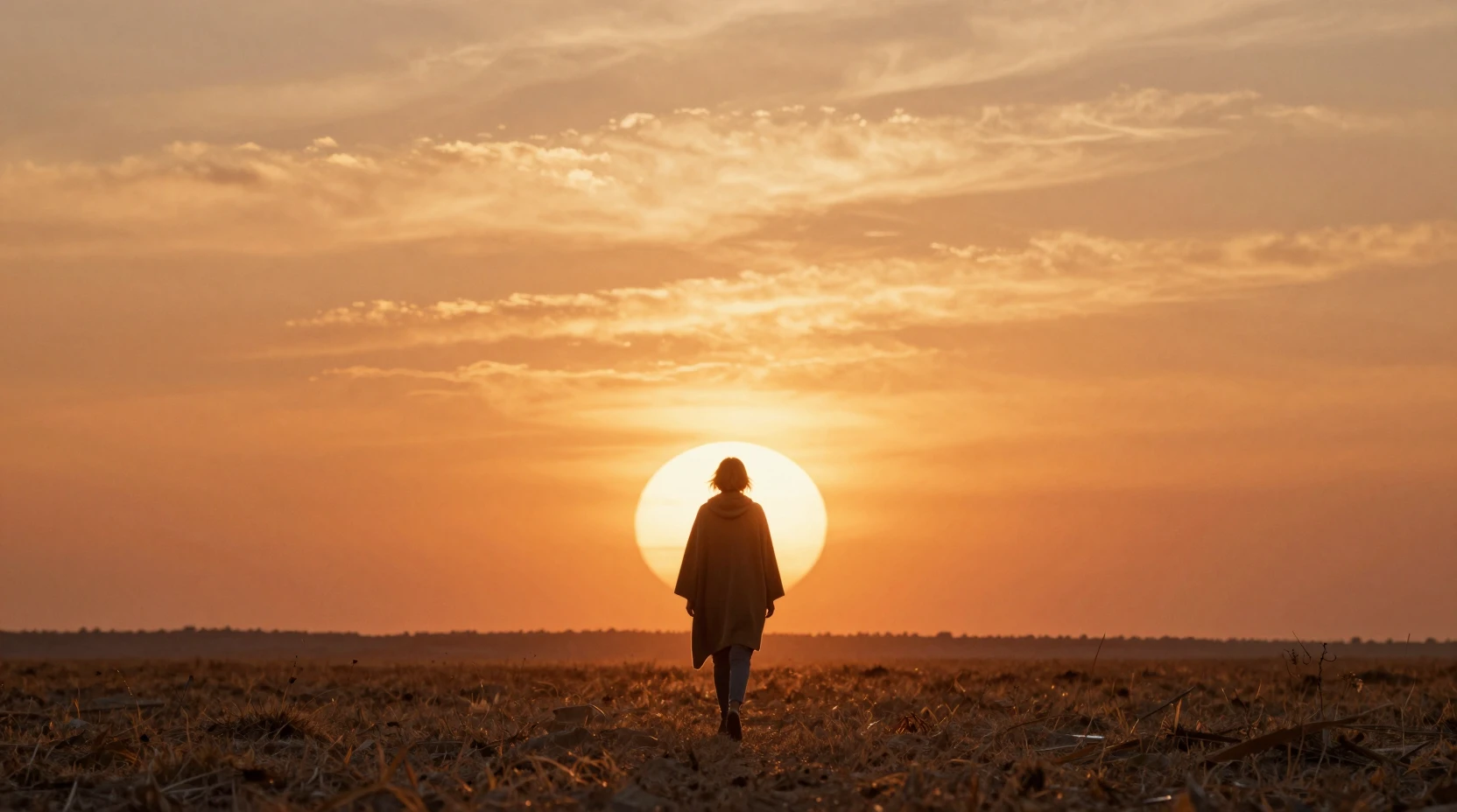 Young woman walking toward a blazing sunset horizon