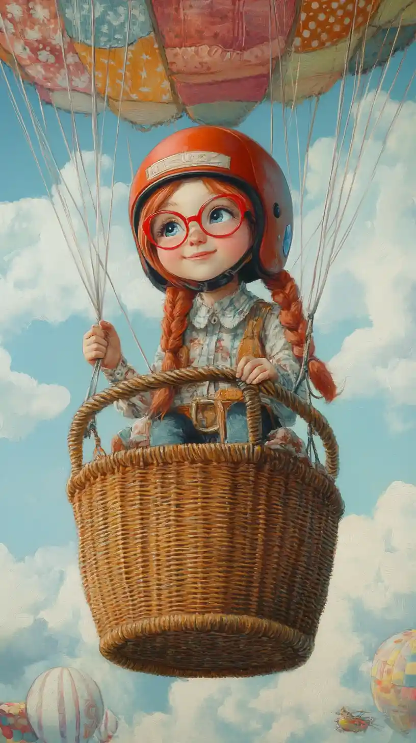 Red haired girl in a colorful hot air balloon