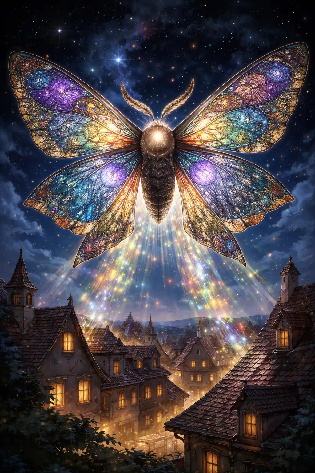 Giant celestial moth casting patterned light over rooftops