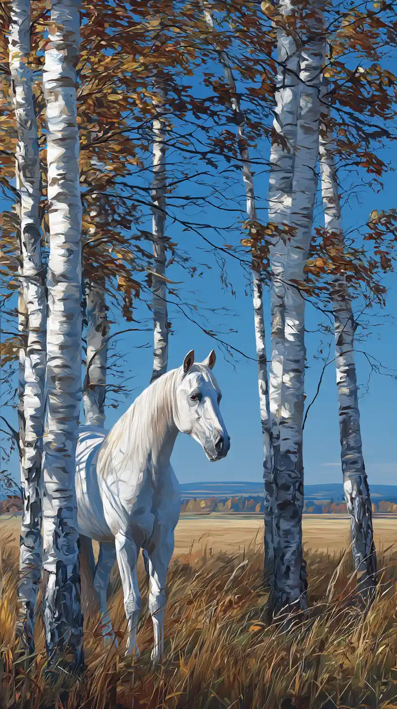 White horse in a sunlit autumn forest under blue sky