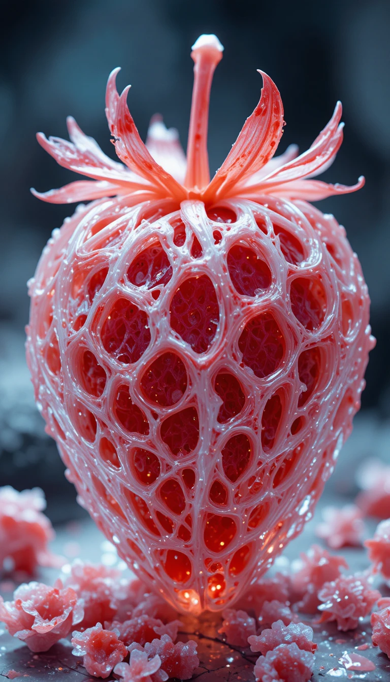 Ethereal close up of a translucent strawberry skeleton