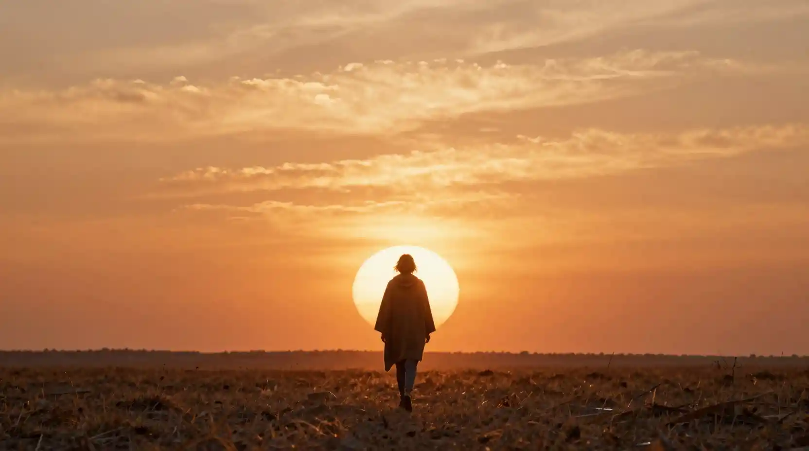 Giovane donna che cammina verso un orizzonte infuocato al tramonto