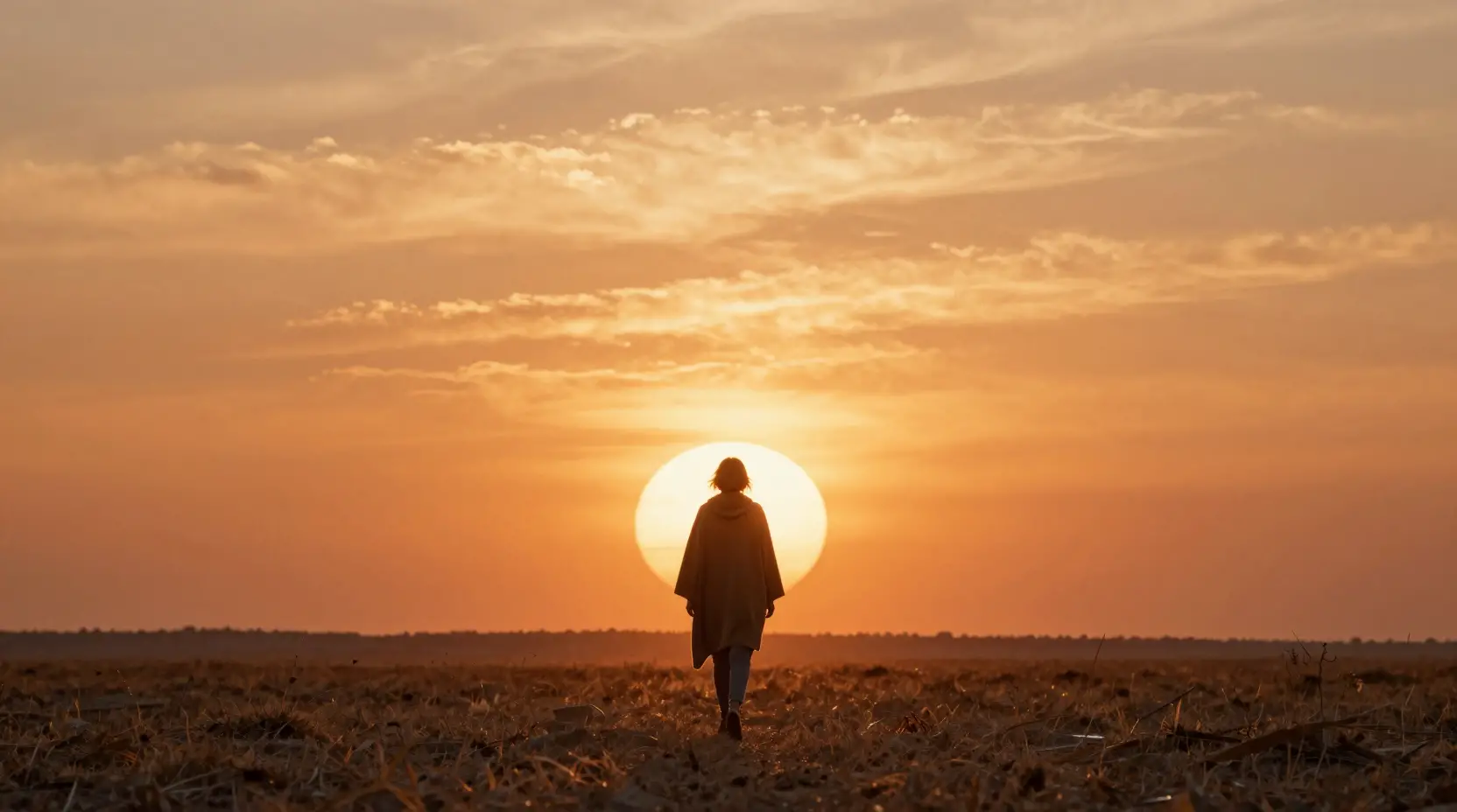 Jeune femme marchant vers un horizon de coucher de soleil flamboyant