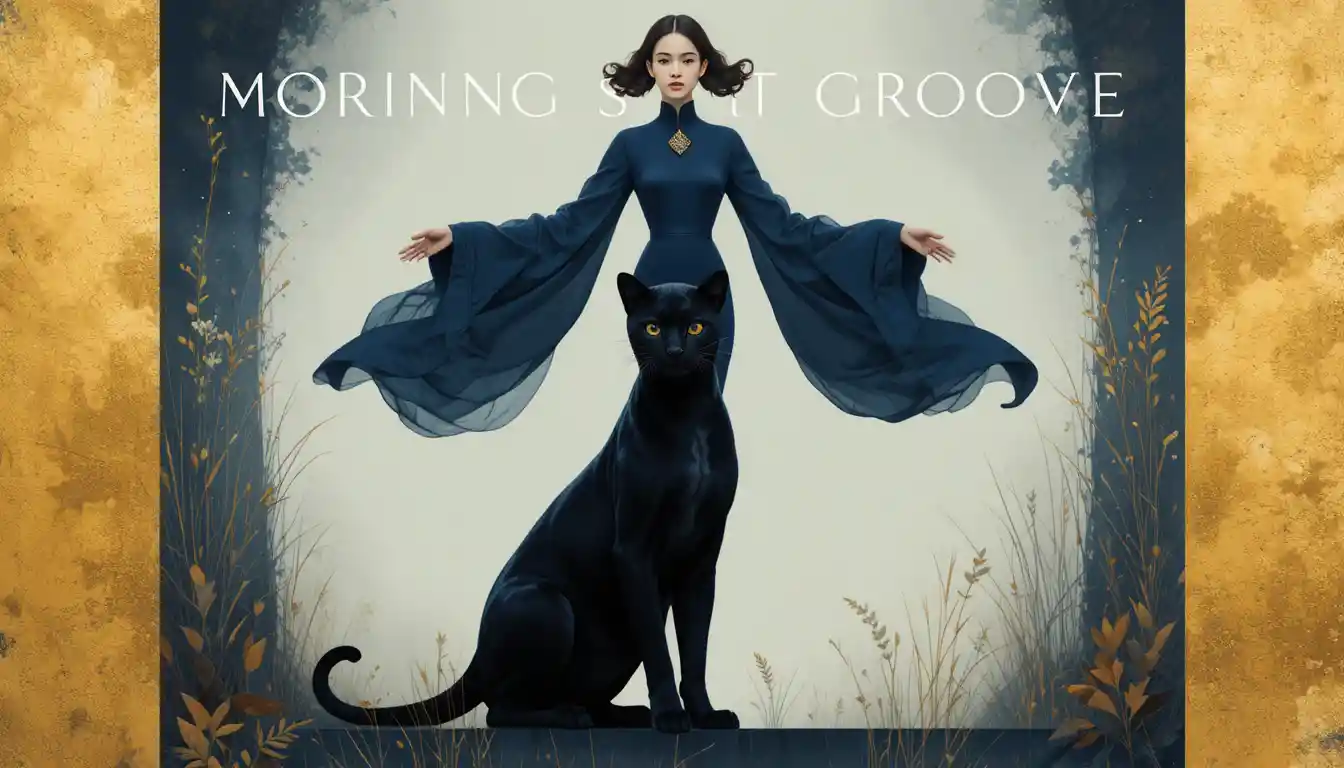 Stylized panther and woman in flowing dark blue dress