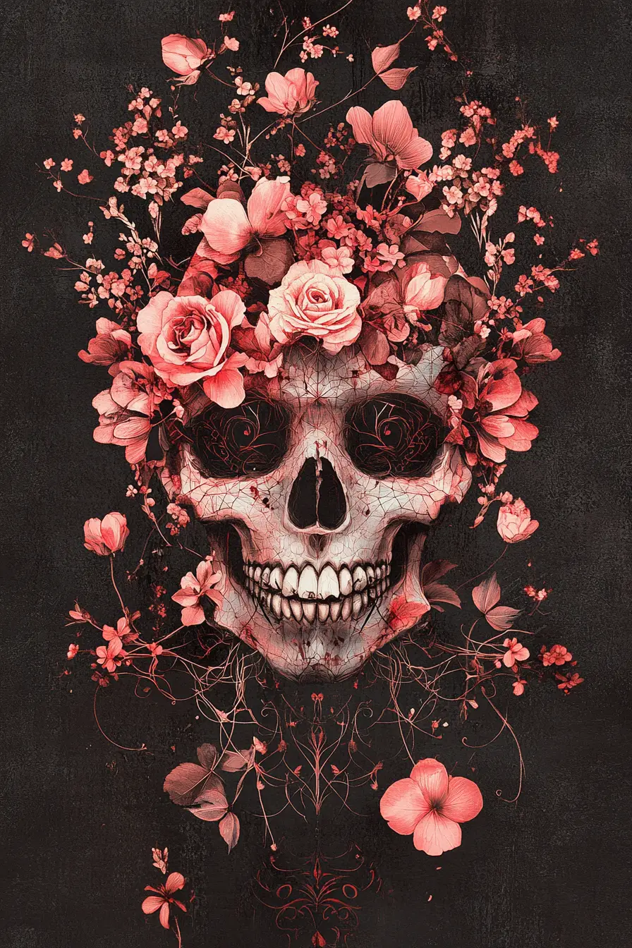 Floral skull formed by blooming roses and layered petals