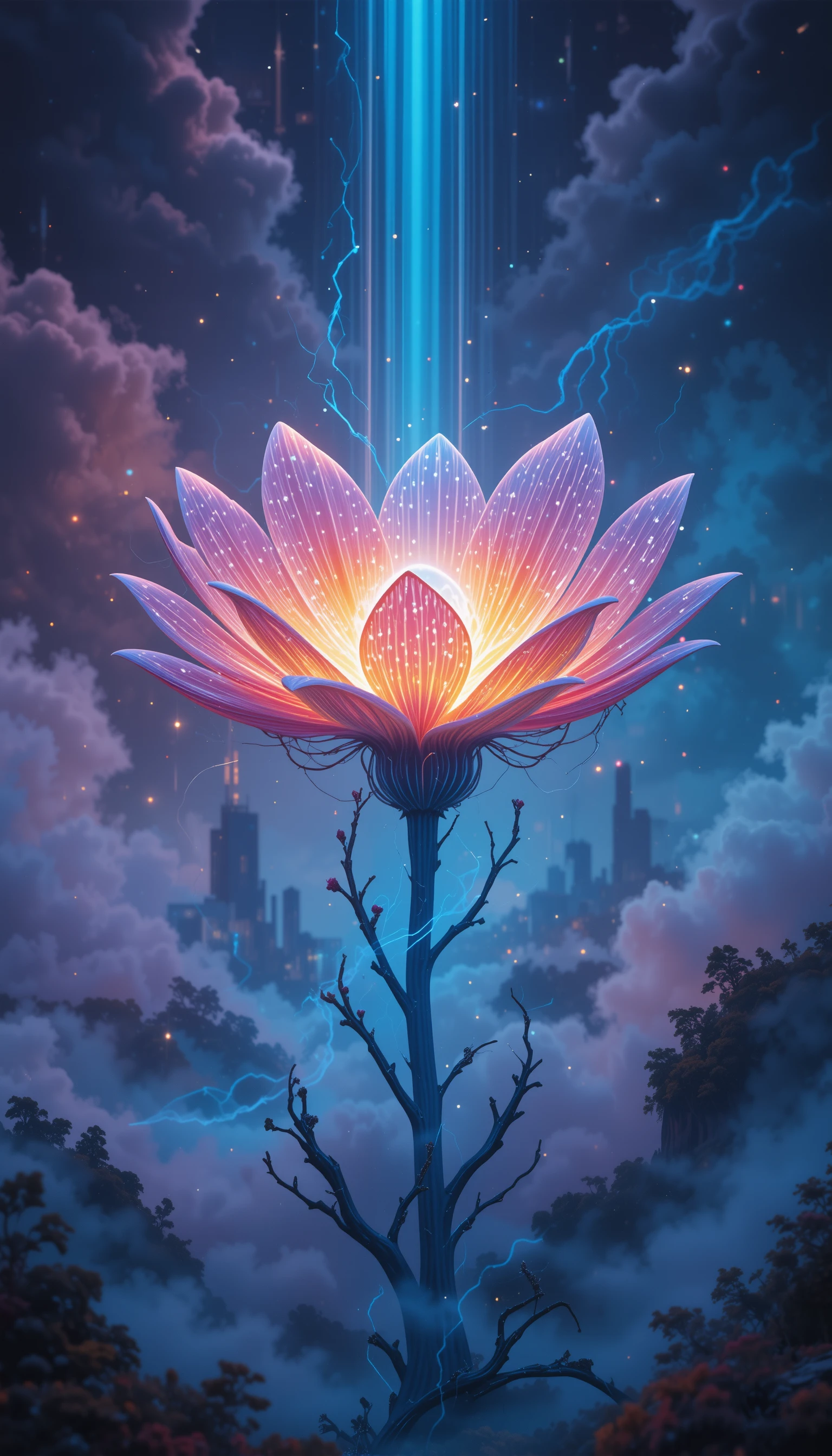 Fiore Bioluminescente che Brilla su Paesaggi Futuristici della Terra