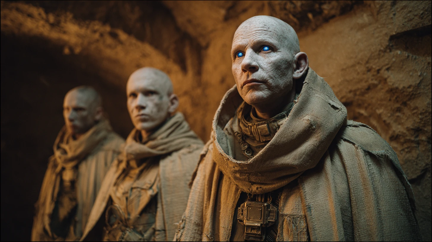 Three cave guardians stand before an ancient canyon shrine