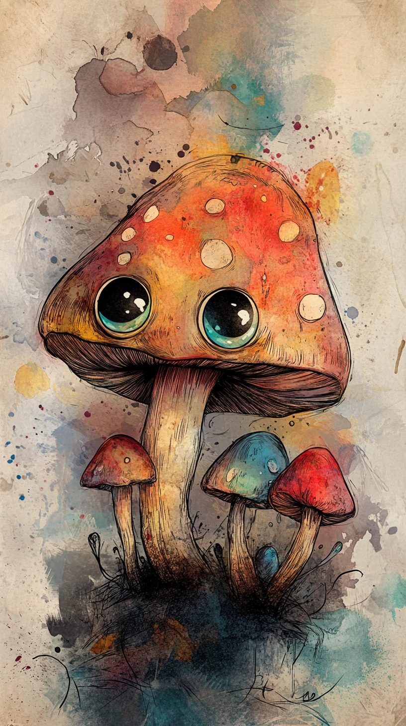 Tiny fantasy mushroom creature with big glossy emotional eyes