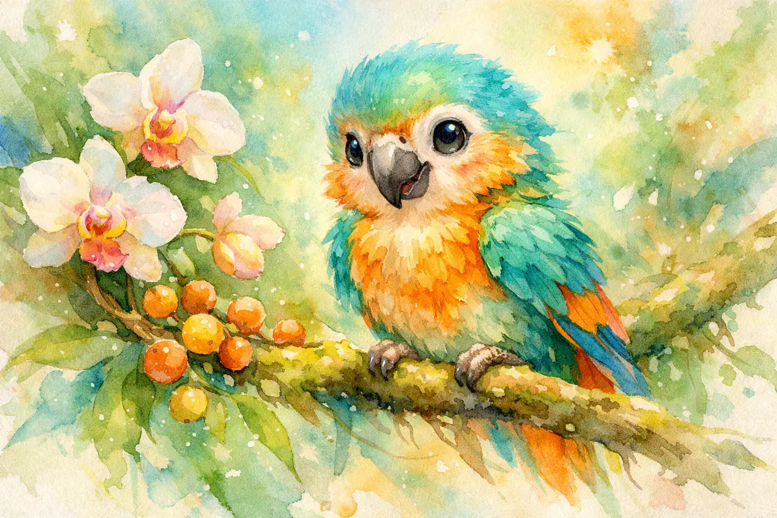 Dreamy watercolor baby macaw on jungle branch