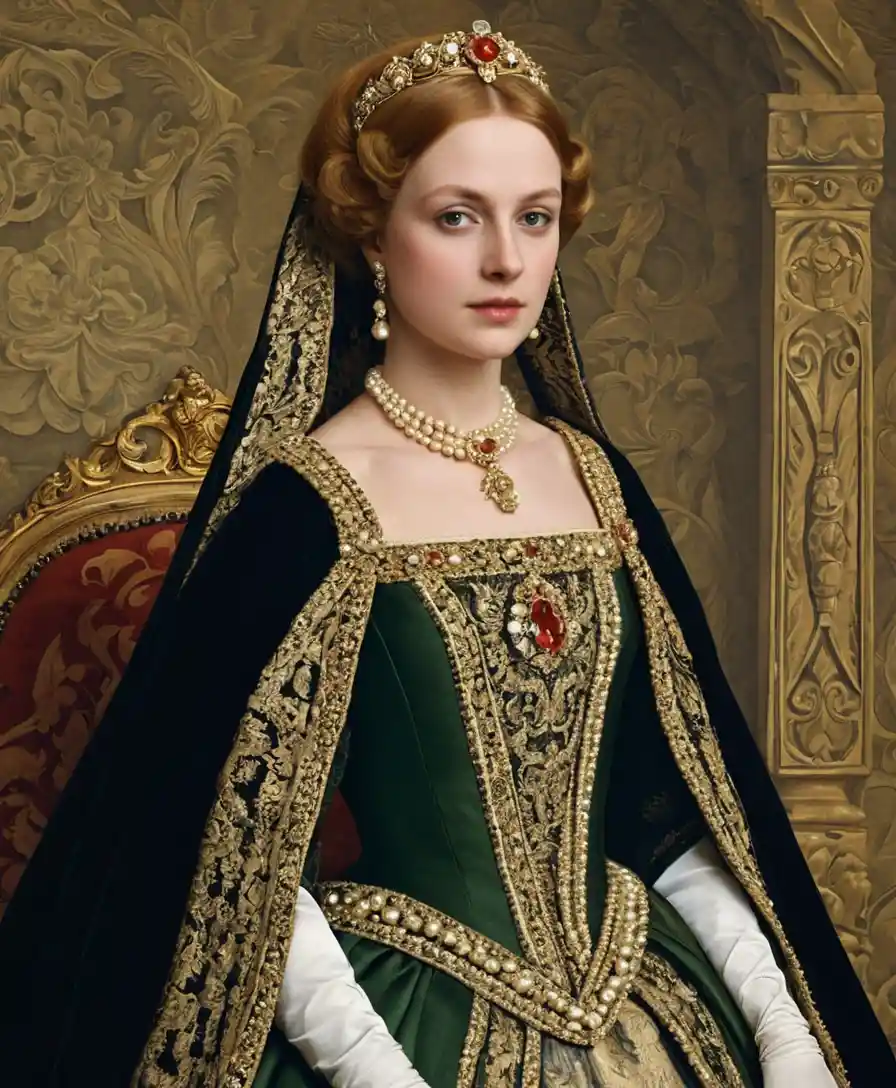 Queen Lucy I in an ornate renaissance royal portrait